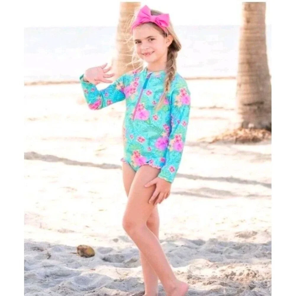 Ruffle Butts Orchid Oasis One Piece Rashguard Swimsuit Girl Size 5 Blue Hibiscus